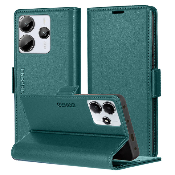 Pouzdro pro Xiaomi Redmi Note 14 5G, ERBORD Glossy Litchi, flipová peněženka, zelené