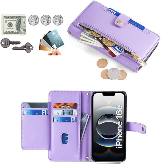 Klopové pouzdro pro iPhone 16E, Wallet Zipper Pocket, fialové