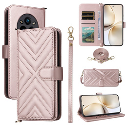 Flipové pouzdro pro Realme 14 Pro+ 5G, Crossbody Leather Wallet, růžové rose gold
