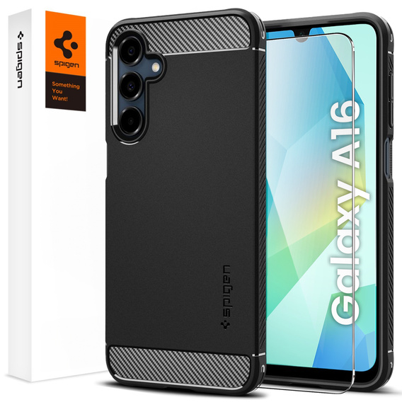 Pouzdro Spigen pro Samsung Galaxy A16 4G/ 5G, Rugged Armor MagSafe, černé + tvrzené sklo 9H