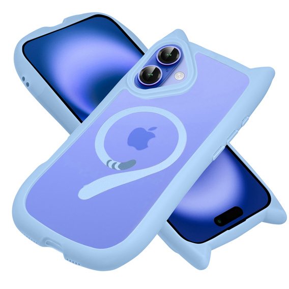 Pouzdro pro iPhone 16, pro MagSafe, Cute Cat, modré + sklo na displej