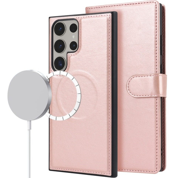 Klopové pouzdro pro Samsung Galaxy S23 Ultra, peněženka, pro MagSafe, růžové rose gold
