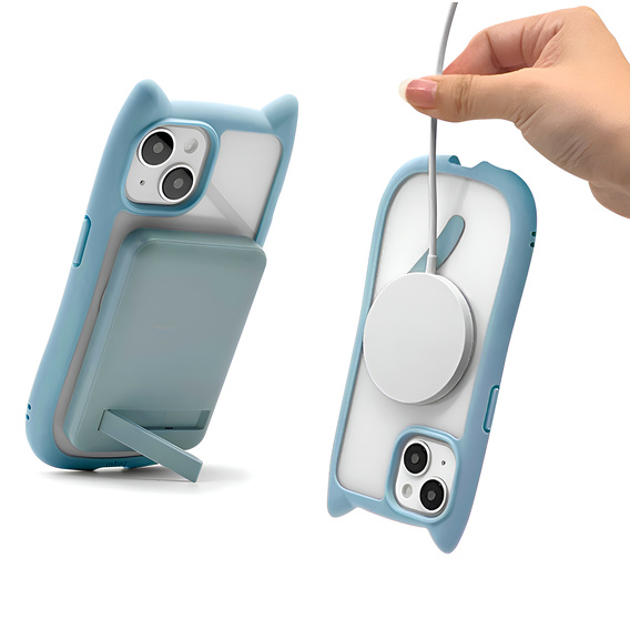 Pouzdro pro iPhone 13 / iPhone 14, pro MagSafe, Cute Cat, modré + sklo na displej