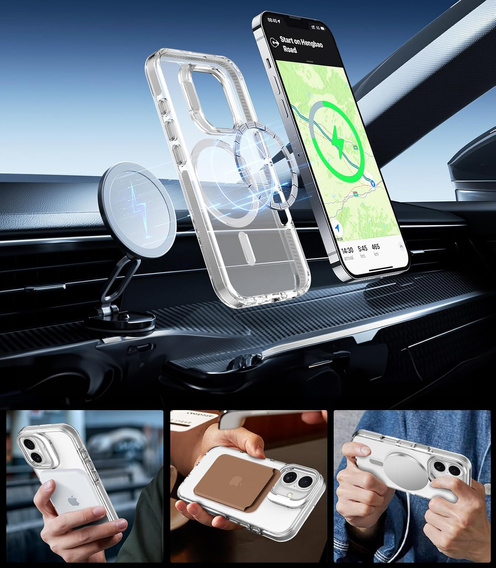 Pouzdro pro iPhone 17, pro MagSafe, se stojánkem, průhledné s šedými vložkami