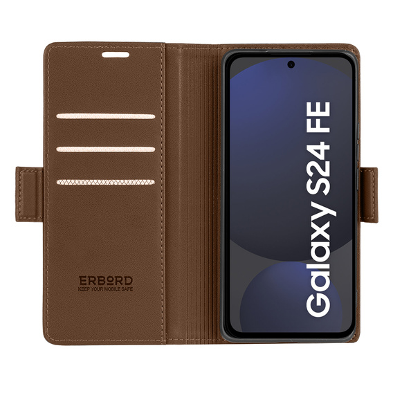 Pouzdro pro Samsung Galaxy S24 FE, ERBORD Glossy Litchi, flipová peněženka, hnědé