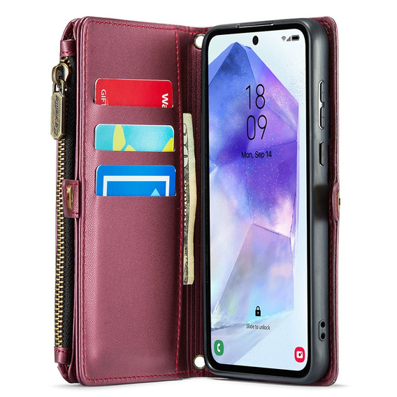 Pouzdro CASEME pro Samsung Galaxy A55 5G, RFID Leather Wallet, s popruhem přes rameno, červené