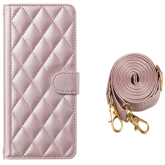 Pouzdro s klopou pro Samsung Galaxy A16, Rhombus Crossbody Leather, růžové rose gold