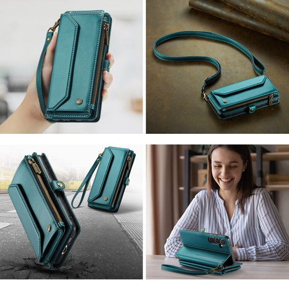 Pouzdro CASEME pro Samsung Galaxy A55 5G, RFID Leather Wallet, s popruhem přes rameno, zelené