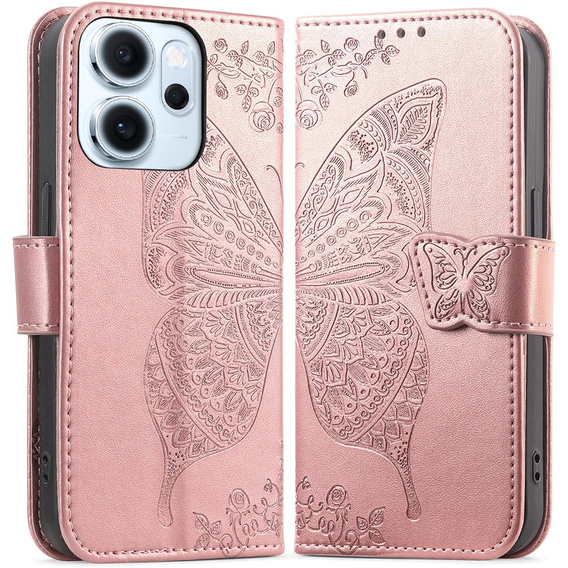 Klopové pouzdro pro Oppo Reno 14F, peněženka, Butterfly, růžové zlato