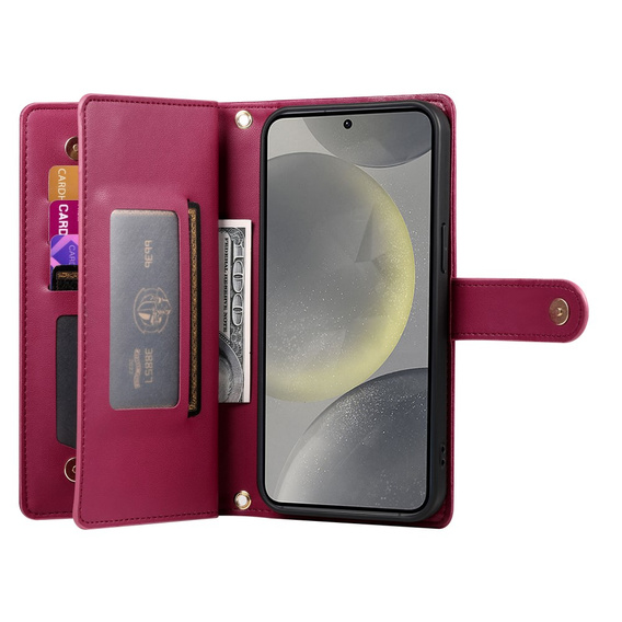 Klopové pouzdro pro Samsung Galaxy S25, Wallet Zipper Pocket, červené