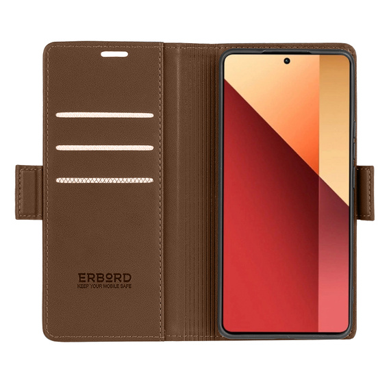 Pouzdro pro Xiaomi Redmi Note 13 Pro 4G / Xiaomi Redmi Note 14S / Xiaomi Poco M6 Pro 4G, ERBORD Glossy Litchi, flipová peněženka, hnědé