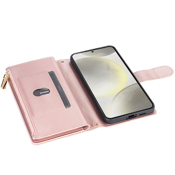 Pouzdro s klopou pro Samsung Galaxy S25 Edge, Rhombus Crossbody Leather, růžové rose gold