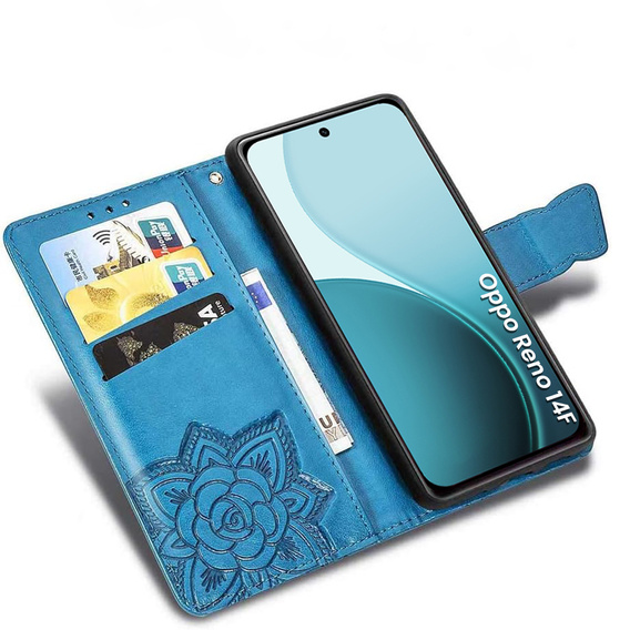 Klopové pouzdro pro Oppo Reno 14F, peněženka, Butterfly, modré