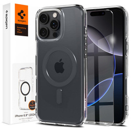 Pouzdro MagSafe Spigen pro iPhone 16 Pro Max, Ultra Hybrid, průhledné / šedé + 9H tvrzené sklo