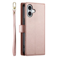 Klopové pouzdro pro iPhone 16 Plus, Wallet Zipper Pocket, růžové