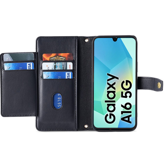 Klopové pouzdro pro Samsung Galaxy A16, Wallet Zipper Pocket, černé