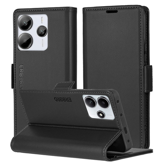 Pouzdro pro Xiaomi Redmi Note 14 5G, ERBORD Glossy Litchi, flipová peněženka, černé
