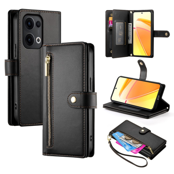 Klopové pouzdro pro Oppo Reno 13 5G, Wallet Zipper Pocket, černé
