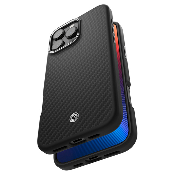 Pouzdro Spigen pro iPhone 16 Pro, Enzo Aramid MagSafe, karbonově černá / stříbrná + 9H tvrzené sklo