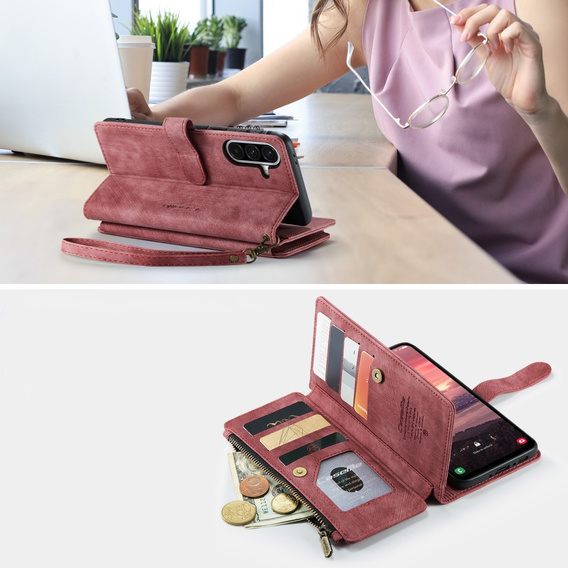 Pouzdro CASEME pro Samsung Galaxy A56 5G, Leather Wallet Cash and Card Slots, s poutkem, červené