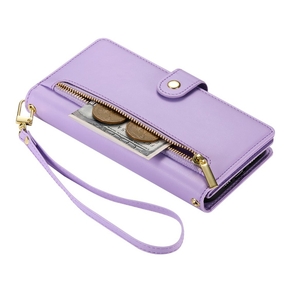 Klopové pouzdro pro iPhone 16 Plus, Wallet Zipper Pocket, fialové