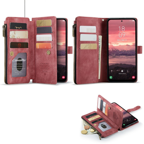 Pouzdro CASEME pro Samsung Galaxy A56 5G, Leather Wallet Cash and Card Slots, s poutkem, červené
