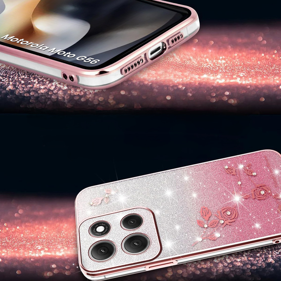 Pouzdro pro Motorola Moto G56 5G, Glitter Flower, růžové rose gold