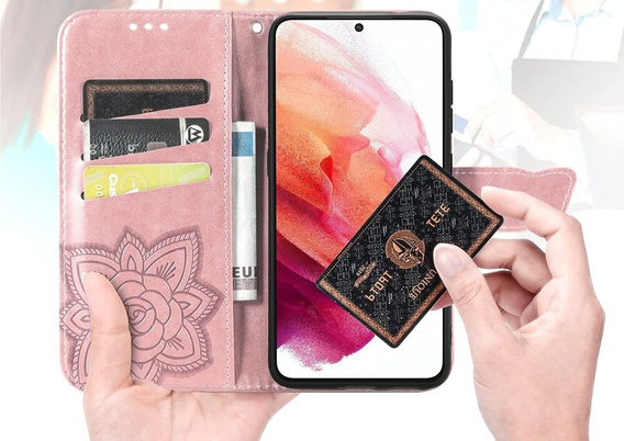 Klopové pouzdro pro Motorola Moto E14, Butterfly, růžové rose gold