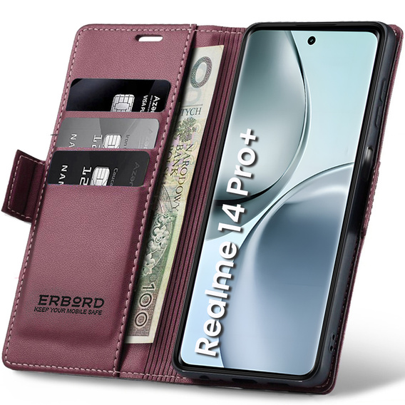 Pouzdro pro Realme 14 Pro+ 5G, ERBORD Glossy Litchi, flipová peněženka, červené