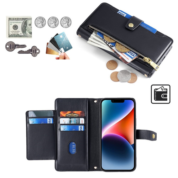 Klopové pouzdro pro iPhone 14, Wallet Zipper Pocket, černé
