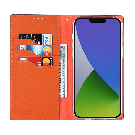 Klopové pouzdro pro iPhone 14 Plus, Litchi Skin Grain, námořnicky modré