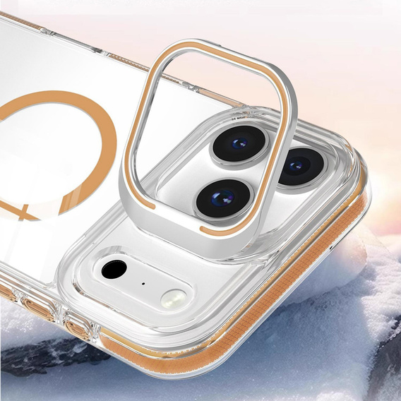Pouzdro pro iPhone 17 Pro Max, pro MagSafe, se stojánkem, průhledné se zlatými vložkami