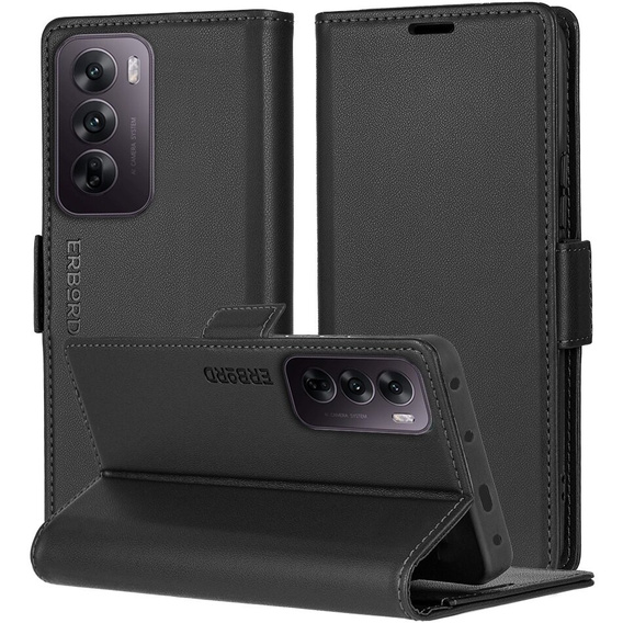 Pouzdro pro Oppo Reno 12 Pro, ERBORD Glossy Litchi, flipová peněženka, černé