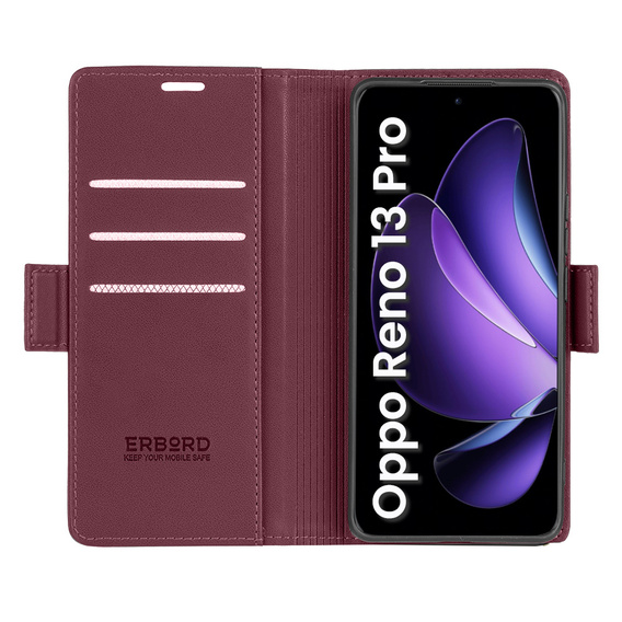Pouzdro pro Oppo Reno 13 Pro, ERBORD Glossy Litchi, flipová peněženka, červené