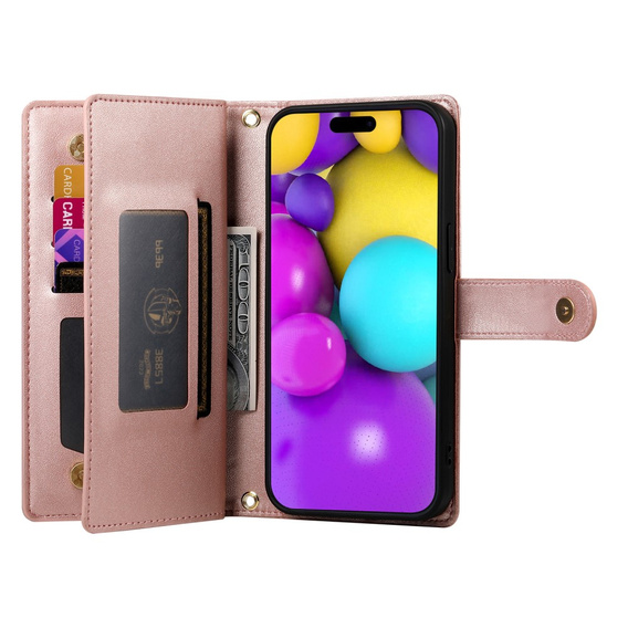 Klopové pouzdro pro iPhone 16 Plus, Wallet Zipper Pocket, růžové