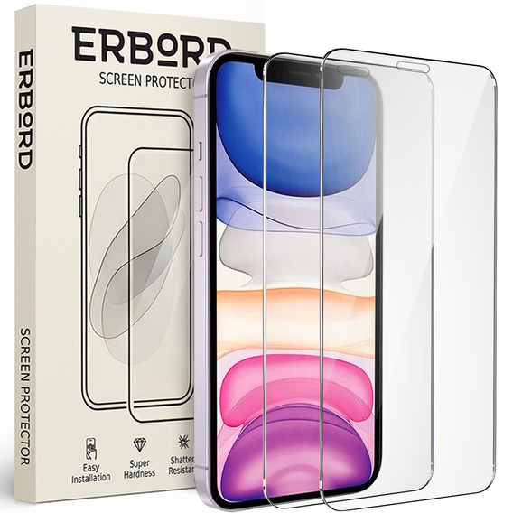 2x tvrzené sklo pro iPhone XR/11, ERBORD 9H Hard Glass na displeji