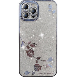 Pouzdro pro iPhone 14 Pro, Glitter Flower, modré