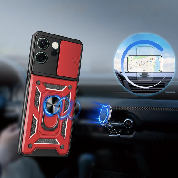 Pancéřové pouzdro pro Oppo Reno 14F, s ochranou fotoaparátu, se stojánkem, červené