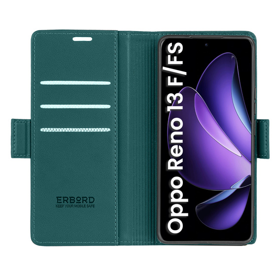 Pouzdro pro Oppo Reno 13F / Oppo Reno 13FS, ERBORD Glossy Litchi, flipová peněženka, zelené