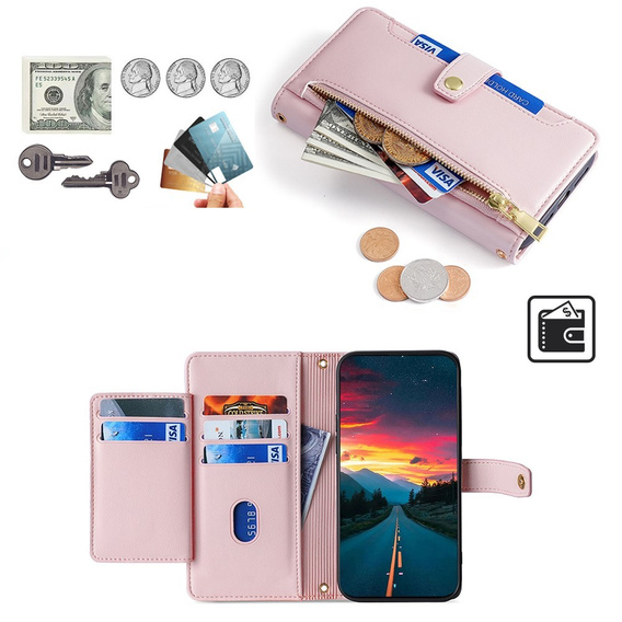 Klopové pouzdro pro Realme 14 Pro+ 5G, Wallet Zipper Pocket, růžové