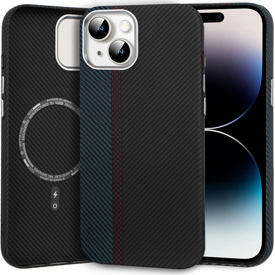 Pouzdro pro iPhone 14, Carbon Fiber MagSafe, černá / modrá