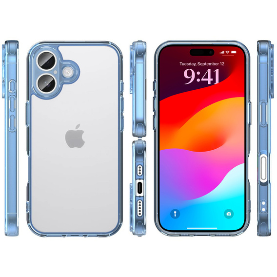 Pouzdro pro iPhone 17, s krytem fotoaparátu, průhledné s modrými boky