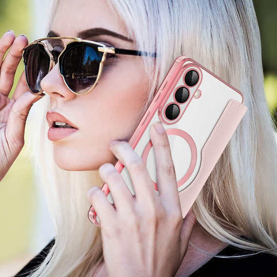 RFID Wallet MagSafe pouzdro s klopou a ochranou fotoaparátu pro Samsung Galaxy S26 Plus, růžové