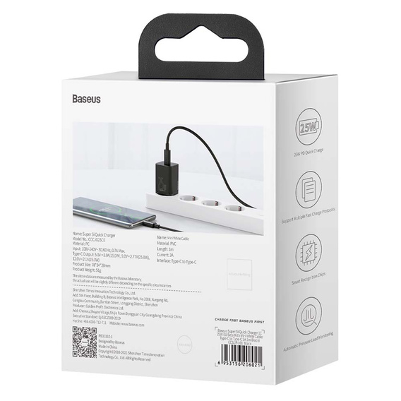 Síťová nabíječka Baseus Super Si PD 25 W USB-C + kabel USB-C, černá