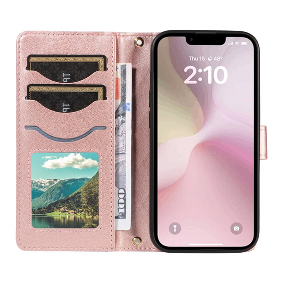 Pouzdro s klopou pro iPhone 16E, Rhombus Crossbody Leather, růžové rose gold