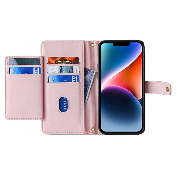 Klopové pouzdro pro iPhone 15, Wallet Zipper Pocket, růžové