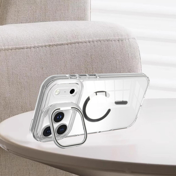 Pouzdro pro iPhone 17 Pro Max, pro MagSafe, se stojánkem, průhledné s šedými vložkami