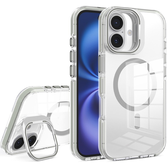 Pouzdro pro iPhone 17, pro MagSafe, se stojánkem, průhledné s šedými vložkami