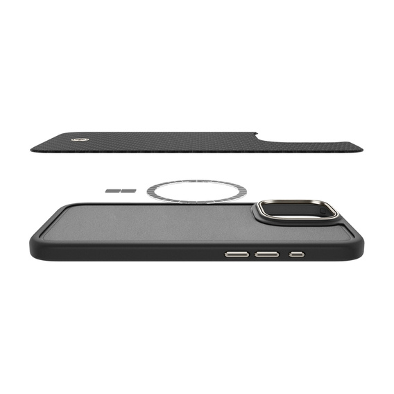 Pouzdro Spigen pro iPhone 16 Pro, Enzo Aramid MagSafe, carbon černé + 9H tvrzené sklo