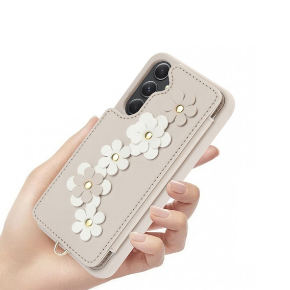 Pouzdro pro Samsung Galaxy A55 5G, Leather Flower Card Slot, béžové